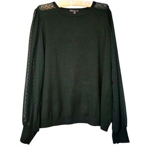 Adrianna Papell Hunter Green Sweater With Sheer Dotted Swiss Sleeves XL NEW